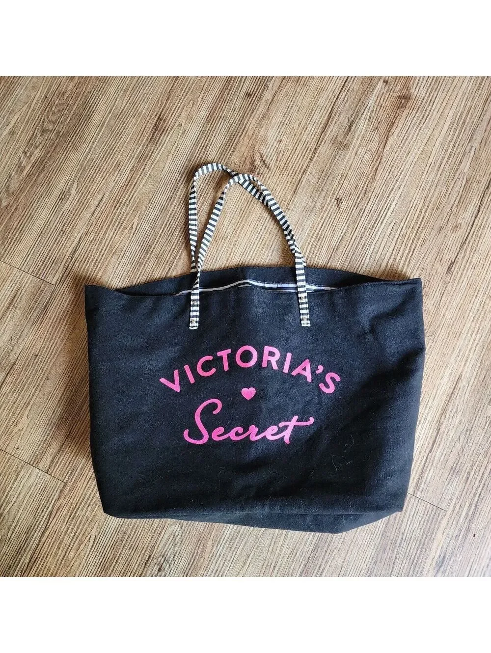Victoria's Secret Black Canvas Tote Bag with Pink Logo and Striped Handles
